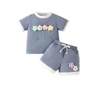 Maskjuwio Vêtements pour enfants style été col rond couleur contrastée manches courtes costume trois fleurs costume 2 pièces costume d'Halloween taille 86, Marine, 9-12 mois