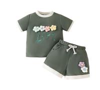 Maskjuwio Vêtements pour enfants style été col rond couleur contrastée manches courtes costume trois fleurs costume 2 pièces costume d'Halloween taille 86, vert, 3-4 ans