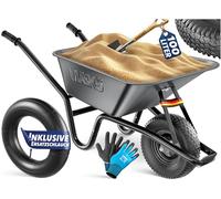 MASKO Brouette de chantier - 100 l - 250 kg - Pneus pneumatiques avec jante en acier + tuyau de rechange - Cadre en acier galvanisé - Chariot de transport - Gants