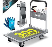 MASKO® Chariot de transport pliable avec gants de travail | Charge maximale 300 kg | Frein de stationnement Aide au transport | Avec 6 œillets de sécurité | Roulettes pivotantes à 360° | Chariot