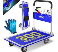 MASKO Chariot pliant avec gants de travail, charge 300 kg, frein de stationnement avec 6 œillets de sécurité, roues pivotantes à 360°, chariot pliable