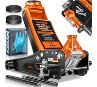 MASKO® Cric hydraulique Hauteur de Levage Plate + 2X Coussinets en Caoutchouc + Gants Cric de manœuvre Automobile hydraulique à Rouleaux 360° Cric sous châssis 3 tonnes - Orange