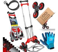 MASKO Diable d'escalier pliable - Charge maximale : 80 kg - 3 x 3 cm - Avec roues + corde d'extension + gants - Poignée réglable - Diable en aluminium pour transport - Rouge