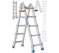 MASKO® Échelle Polyvalente en Aluminium | Pliable | 5,10 m | 4x5 échelons | Charge maximale 150 kg | Pieds antidérapants | échelle Portable | échelle Double | Argent Bleu