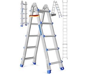 MASKO® Échelle Polyvalente en Aluminium | Pliable | 5,10 m | 4x5 échelons | Charge maximale 150 kg | Pieds antidérapants | échelle Portable | échelle Double | Argent Bleu