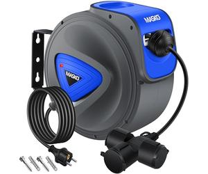MASKO® Enrouleur de câble/tuyau automatique, 20 m, pour atelier, avec connecteur à 3 positions, rotatif à 180°, câble de 1,5 m, support mural, gants