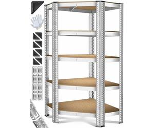 MASKO Étagère d'angle pour charges lourdes, 180 x 75 x 40 cm, jusqu'à 875 kg, 5 étagères réglables, panneaux MDF en métal, étagère enfichable, étagère d'atelier, cave, garage, avec gants argentés