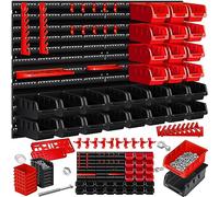 Masko® Étagère Murale + boîtes empilables + boîtes à Outils, Extensible, étagère d'atelier, boîtes de Rangement Visibles, 45 pièces - Noir/Rouge