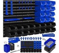 Masko® Tablette Murale + Boîtes empilables + Boîtes à Outils, Extensible, Tablette d'atelier, Tablette de Rangement, Boîtes de Rangement Visibles, 45 pièces - Noir/Bleu