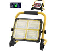 MASMEJOR Projecteur LED Chantier, Projecteur LED Rechargeable avec Support Portable et Rotatif/ 100W/ Panneau Solaire/ 4 Modes d'éclairage/Batterie Externe 12000mAh, Idéal pour Camping, Travail, Pêche