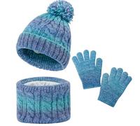 MASOCIO Ensemble Bonnet Echarpe Gant Enfant Fille Hiver Chaud Packs Bonnet Écharpe et Gants Snood Tour Cache Cou 4 5 6 7 8 9 Chapeau Pompon 3-10 Ans Vert Bleu