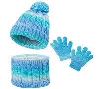 MASOCIO Ensemble Bonnet Echarpe Gant Enfant Fille Hiver Chaud Packs Bonnet Écharpe et Gants Snood Tour Cache Cou 4 5 6 7 8 9 Chapeau Pompon 3-10 Ans Blanc Bleu