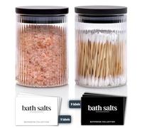 Mason & Fable Lot de 2 bocaux de salle de bain en verre nervuré avec couvercles en bambou noir | tampon en coton/coton-tiges/pointe Q | Sel de bain/vanité transparente Apothicaire - 35 ml