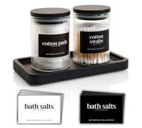 Mason & Fable Lot de 2 pots et plateau en verre côtelé pour salle de bain - 300 ml - Avec couvercles hermétiques en bambou noir - Tampon en coton/coton-tige/porte-embout Q/sel de bain/organisateur