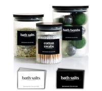 Mason & Fable Lot de 3 bocaux de salle de bain en verre nervuré avec couvercles hermétiques en bambou noir | tampon de coton/bourgeons/porte-embout Q | sel de bain/petit maquillage/boîte de rangement