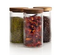 Mason & Fable Lot de 3 bocaux en verre nervuré avec couvercle en bois 800 ml | Conteneur de rangement hermétique nervuré pour épices, thé, sucre, café, bonbons, friandises pour chien, collations