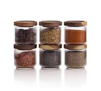 Mason & Fable Lot de 6 bocaux en verre nervuré avec couvercle en bois 350 ml | Conteneur de rangement hermétique nervuré pour épices, thé, sucre, café, bonbons, friandises pour chien, collations