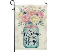 Mason Jar Drapeau de jardin, maison rustique avec nœud à fleurs pastel pêche pastel double face en toile de jute pour extérieur, pelouse, porche, terrasse, entrée, 30,5 x 45,7 cm