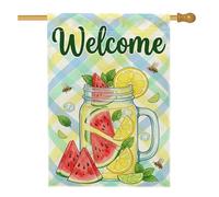 Mason Jar Drapeau de maison, été décontracté pastèque citron, toile de jute verte d'été double face pour extérieur, cour, pelouse, terrasse, porte, entrée, 71 x 101,6 cm