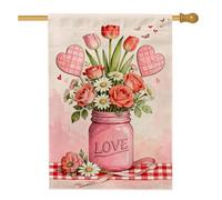 Mason Jar Drapeau de maison, romantique et fantaisie, roses, tulipes de pêche, en toile de jute double face, pour extérieur, cour, pelouse, patio, porte, entrée, 71,1 x 101,6 cm