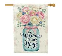 Mason Jar Drapeau de maison rustique avec nœud en toile de jute double face pour extérieur, terrasse, cour, pelouse, entrée, balcon, 71 x 101 cm