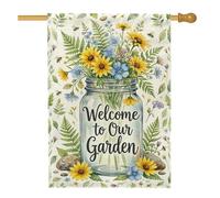 Mason Jar Drapeau de maison rustique botanique tournesol bleu printemps jaune toile de jute double face décorative pour extérieur, terrasse, pelouse, entrée, camping 71,1 x 101,6 cm