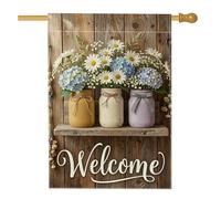 Mason Jar Drapeau de maison rustique, chrysanthème, hortensia, bleu printemps, toile de jute double face, drapeaux décoratifs pour extérieur, terrasse, pelouse, entrée, camping, 71,1 x 101,6 cm