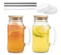 Mason Jar Lot de 2 bocaux Mason Jar de 710 ml avec couvercle et paille - Tasses réutilisables avec poignées pour café glacé, jus de perles, cocktails, smoothies (700 ml)
