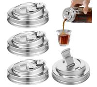Mason Jar Lot de 4 couvercles en acier inoxydable 304 avec embouts Wide Mouth, réutilisables, stockage scellé, pour lait, thé glacé, café glacé, céréales et jus (argenté)