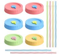 Mason Jar Lot de 6 couvercles en verre avec trou réutilisables à visser pour bocaux Mason, pots à confiture, 6 couleurs, avec 6 pailles