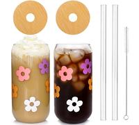 Mason Life Lot de 2 jolies tasses en verre avec couvercles et pailles, cadeau de Saint-Valentin pour femme - Tasses à café glacé esthétiques - 532 ml - Jolies tasses à café glacé en verre à motif de