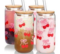 Mason Life Lot de 2 tasses à café glacé en verre avec couvercles et pailles, motif cerises et nœuds en forme de cerise, joli gobelet à coquette pour adolescentes, filles, cadeau d'anniversaire pour