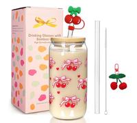 Mason Life Tasses en verre avec couvercles et pailles, tasse à café glacé à motif cerise rose, tasse à café glacé décorative et polyvalente, 532 ml, joli gobelet cadeau pour femmes, filles, amies