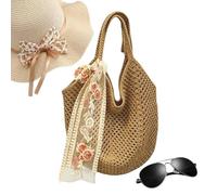 Masoog Sac de plage au crochet - Style bohème avec tissu en maille creuse, bordure en dentelle et ruban décoratif - Sac de plage en tricot d'été - Pour vacances, voyages, rendez-vous et shopping