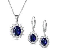 MASOP SNORSO Bijoux Parure de Boucles d‘oreilles et Collier Argent Avec Saphir, Bijoux Princess de Diana, Cadeau Bijouxs pour Anniversaire Fetes des Meres Noel