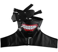 Masque 3D Tokyo Ghoul Masque de Cosplay Déguisement Halloween en Cuir PU Masque Ken Kaneki Réglable Masque Horrible à Fermeture Eclair avec Cache-oeil Amovible Demi-masque avec Perruque pour Adultes
