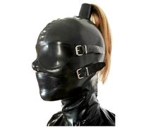 Masque à capuche en latex noir avec perruque de queue de cheval blonde, bandeau amovible et pièce buccale, fermeture éclair dans le dos, yeux ouverts, bouche et nez (taille : L : 68 cm)