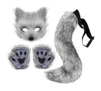 Masque à fourry Fox Tail Thérian Paws, Fausse Fourrure Fox Tail Cat Wolf Cosplay Costume Set Halloween Christmas Grey Dark