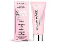 Masque à l'argile rose Biovène Holiday Glow - pour le visage- Détoxifie, exfolie et purifie la peau - Au ginseng, pétales de rose + Acide glycolique - Garde la peau douce et hydratée (75 ml)