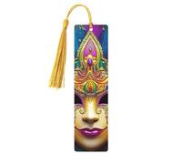 Masque à plumes colorées - Illustration double face - Marque-pages en bois imprimé - Accessoires de livre artistique - Cadeaux d'anniversaire pour hommes et femmes - Cadeaux pour les amateurs de