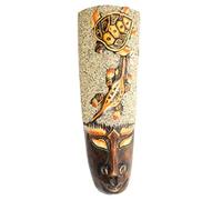 Masque Africain 32cm en Bois décor Tortue + Salamandre + Sable et Coquillages.