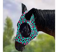 Masque anti-mouches UV pour cheval avec oreilles - Protection solaire équine en lycra élastique silencieux avec protection d'oreille (imprimé léopard vert)