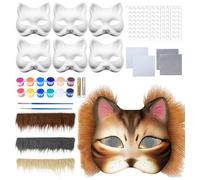 Masque Chat en Papier Blanc 6 Pièces Kit Complet DIY Peinture et Décoration avec Paillettes Fourrure Artificielle et Accessoires Créatifs Taille Universelle Pour Fête Anniversaire Carnaval