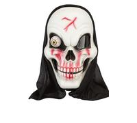 Masque crâne d'Halloween avec globe oculaire suspendu et capuche noire - Visage de squelette effrayant - Accessoire de déguisement pour adultes et adolescents - Masque effrayant blanc avec cicatrice