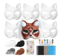 Masque de chat à peindre | 6 masques vierges - Masque de costume à peindre avec maille, moustaches et autocollants à bijoux pour bal masqué d'Halloween
