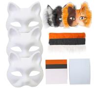 Masque de chat, kit de 3 masques Therian avec tissu en feutre, maille pour les yeux, fausse laine, demi-visage chat élastique, fourrure amusante pour Halloween, maquillage, jeu rôle, cosplay, d