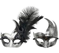 Masque de costume à plumes pour Halloween, Mardi Gras, cosplay, fête (couple argenté/noir)