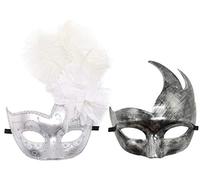 Masque de costume à plumes pour Halloween, Mardi Gras, cosplay, fête (couple, blanc argenté)
