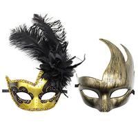 Masque de costume à plumes pour Halloween, Mardi Gras, cosplay, fête (couple doré noir)