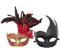 Masque de costume avec plumes et plumes pour Halloween, Mardi Gras, cosplay, fête (couple A, rouge)